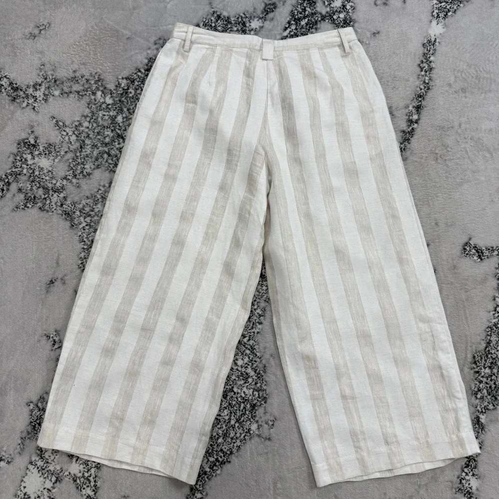 Who What Wear Linen Blend Pants Women 8 Wide Leg Cropped Striped Beige High Rise - Picture 2 of 14